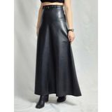Yaxi Kemer Detaylı Maxi Boy Bol Siyah Deri Etek - XL - 012-Siyah