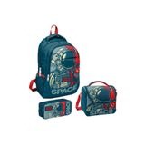 Yaygan Coral High Kids Çivit Mavi Kırmızı Astronot Desenli 3'lü Okul Çanta Seti Sırt Çantası 27x40x16 cm