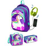 Yaygan Coral High Kız Çocuk Mor Unicorn 3'lü Çanta Takımı - USB Soketli
