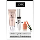 Yaz Işıltısı 3'lü Makyaj Seti - 3 in 1 Glowing Skin / Drop Highlighter 03 / Real Look Maskara