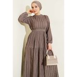 YAZGI MODA Şerit Fırfırlı Kuşaklı Elbise Vizon