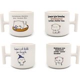 Yazılı Mochi Cat Baskılı 4 Lü Latte & Espresso Elyapımı T Kulplu Fincan - Beyaz - 300 cc