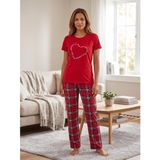 Yazlık Ekose Kırmızı Kalp Baskılı Kadın Pijama Takımı | Ekose Desenli Pantolon, Kalp Baskılı Üst