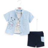 Yazlık Erkek Bebek Kombin – Gömlek + Şort + Atlet Body 3'lü Set - 9 Ay - 00Mavi
