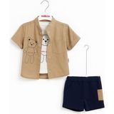 Yazlık Erkek Bebek Kombin – Gömlek + Şort + Atlet Body 3'lü Set - 9 Ay - 274-Kahverengi