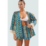 Yazlık Etnik Desenli Pamuklu Kimono Şort Takım Plaj için Rahat Tasarım Modern Stil Özenle Seçilmiş