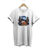 Yazlık Kamp Doğa Çadır ve Dağ Baskılı %100 Pamuk Regular Fit Bisiklet Yaka T-Shirt - Beyaz