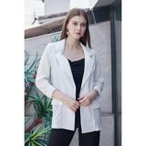 Yazlık Likrasız Keten Kumaş Yakalı Cep Kapaklı Oversize Blazer Ceket-Beyaz - 36