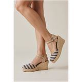 Y&D Shoes Doğal Hasır Siyah Çizgili Dolgu Topuk Ayakkabı
