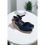 Yd Shoes Dolgu Topuk Arkası Açık Hasırlı Keten Sandalet - Lacivert