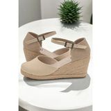 Y&D Shoes Yd Shoes Dolgu Topuk Arkası Açık Hasırlı Keten Sandalet - Bej