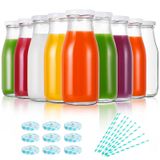 YEBODA 325 ml Cam Süt Şişeleri, Yeniden Kullanılabilir Metal Bükümlü Kapaklar ve Pipetler, İçecek Cam Eşyası ve Bardak Partileri, Düğünler, Barbekü, Piknik, 9'lu Set