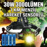 Yedek Pilli 30w Sensörlü Kafa Lambası - Dijital Şarj Göstergeli, 3000 Lümen, Type-c Şarjlı Su Geçirmez Siyah