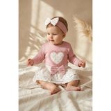 Yelena Bella Heart Kız Bebek Pembe Kalp Desenli 3'lü Kombin Set - Fitilli Uzun Kol Body, Katlı Etek ve 1