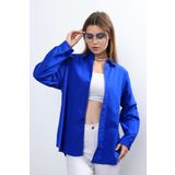 Yeliz Ylz Oversize Kadın Saks Mavisi Gömlek Kumaş Tok Görünümlü Jakarlıdır - Oversize Uzun Basic Gömlek