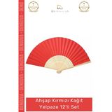 #Yelpaze Düğün Nişan Nikah Kına Gecesi Hediyelik Parti Dekor Ahşap Kırmızı Kağıt Yelpaze 12'Li Set
