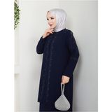 Yelpaze Taşlı Büyük Beden Anne Elbisesi - Lacivert - 54