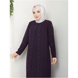 Yelpaze Taşlı Büyük Beden Anne Elbisesi - Mor - 48