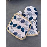 Yeni Çarşı Fırın Eldiveni ve Tencere Tutacağı Kalınlaştırılmış 2'li Set Mavi Yapraklı - Mavi - Beyaz - Eldiven : 29x18x2 Tutacak : 17x17x1