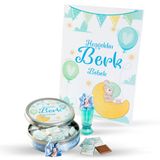 (Yeni) Etiketli Erkek Bebek Çikolatası (Metal Yuvarlak Kutu) 50 Adet Madlen Çikolata+Gül Suyu+Afiş