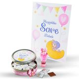 (Yeni) Etiketli Kız Bebek Çikolatası (Metal Yuvarlak Kutu) 50 Adet Madlen Çikolata+Gül Suyu+Afiş