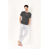 Yeni İnci Good Vibes Erkek Pijama Takımı Kısa Kollu EPJ839 | Ekose Desenli Pantolon, Yazı Baskılı Üst