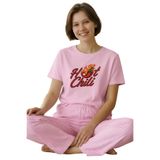YENİ İNCİ Kadın Pembe Hot Chili Baskılı%100 Pamuklu Pijama Takımı | Kısa Kollu, Çizgili Alt, Rahat Kesim, Kadın Giyim