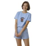 Yeni İnci Kadın%100 Pamuk Şortlu Pijama Takımı - Kısa Kollu Bisiklet Yaka Coconut Vibes Baskılı Yazlık Ev Giyimi Seti - Mavi (XL)