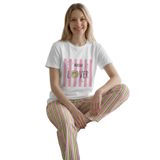 Yeni İnci%100 Pamuk Kısa Kollu Matcha Lover Pijama Takımı | Çizgili Pantolon, Kadın Pijama, Kısa Kollu Üst, Pembe-Yeşil Desen