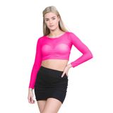 Yeni Kadın Transparan File İç Görünen Uzun Kollu Tişört Bluz Tişört Göbeği Açık Üst, Neon Pembe, 4-6