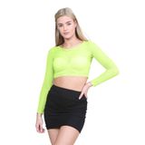 Yeni Kadın Transparan File İç Görünen Uzun Kollu Tişört Bluz Tişört Göbeği Açık Üst, NEON SARI, 8-10