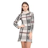 Yeni Kadın Uzun Kollu Kareli Örgü Degaje Polo Yaka Bodycon Kazak Tunik Elbise Üst, Taş Ekose, 8-10