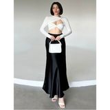 Yeni Moda Lüks Kalite Beli Lastikli Maxi Boy Uzun Saten Etek 100 cm - Siyah - 2XL