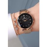Yeni Model Kesme Camlı Çelik Bilezik Rose Gold Siyah Kadran Kadın Kol Saati + Zirkon Taşlı Bileklik
