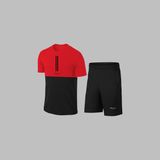 Yeni Seri Büyük Beden Erkek Kırmızı Dri-Fit Kumaş Cepli Baskısız Sıfır Yaka Kısa Kol Alt Üst Takım Tişört Şort Seti 4XL-10XL - 5XL