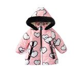 YENİ Sevimli Kalp Baskılı Kürklü Cepli Kapüşonlu Soft Kumaş Kışlık İçi Peluş Kız Bebek Mont Şişme Pembe 1 YAŞ