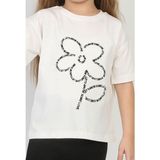 Yeni Sezon Bisiklet Yaka Cicekli Kiz Cocuk T-Shirt - Beyaz - 9 - 10 Yaş