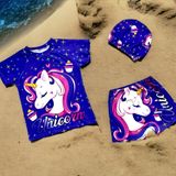 Yeni Sezon Kız Çocuk Hipster Şort Mayo T-shirt Bone 3'lü Takım Güneş Koruma Hassas Ten Unicorn Baskı Desen