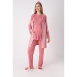 Yeni Sezon Modern,Rahat ve Şık Hamile - Fitilli Dokulu Kolları Geniş Güpürlü 3'lü Lohusa Pijama Takımı Nar Çiçeği 2XL Beden