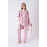Yeni Sezon Modern,Rahat ve Şık Hamile - Lohusa Pijama Sabahlık 3'lü Takım Waffle Dokulu Dantel Göğüslü Düğmeli Emzirme Pamuk Viskon Set Pudra 2XL Beden