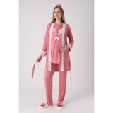 Yeni Sezon Modern,Rahat ve Şık Hamile - Lohusa Pijama Sabahlık Takımı Dantelli Fırfırlı Düğmeli Emzirme Pamuklu 3'lü Hamile Set Nar Çiçeği L Beden