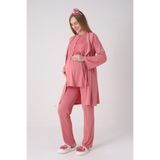 Yeni Sezon Modern,Rahat ve Şık Hamile - Lohusa Pijama Sabahlık Takımı Dokulu Kuşaklı Şal Yaka Güpürlü Düğmeli Emzirme 3'lü Hamile Set Nar Çiçeği M Beden