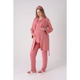 Yeni Sezon Modern,Rahat ve Şık Hamile - Lohusa Pijama Sabahlık Takımı Jakarlı Şal Yakalı Dantel Panelli Düğmeli Emzirme 3'lü Set Nar Çiçeği M Beden