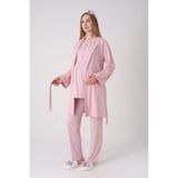 Yeni Sezon Modern,Rahat ve Şık Hamile - Lohusa Pijama Sabahlık Takımı Jakarlı Şal Yakalı Dantel Panelli Düğmeli Emzirme 3'lü Set Pudra XL Beden