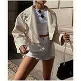 Yeni Sezon Oversize Kadın Beyaz Biker Deri Ceket - Krem - L