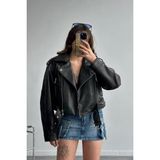 Yeni Sezon Oversize Kadın Siyah Biker Deri Ceket - M