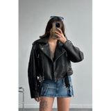 Yeni Sezon Oversize Kadın Siyah Biker Deri Ceket Siyah