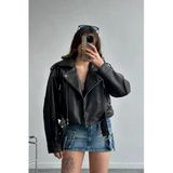 Yeni Sezon Oversize Kadın Siyah Biker Deri Ceket
