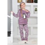 Yeni Sezon Sonbahar/kış Kız Çocuk Penguen Desenli Polar Pijama Takımı 4994 - Lila - 7 - 8 Yaş