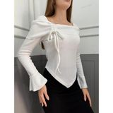 Yeni Ürün Bürümcük Kumaş Asimetrik Kesim Volanlı Uzun Kol Bluz 0025 - 2XL - Beyaz